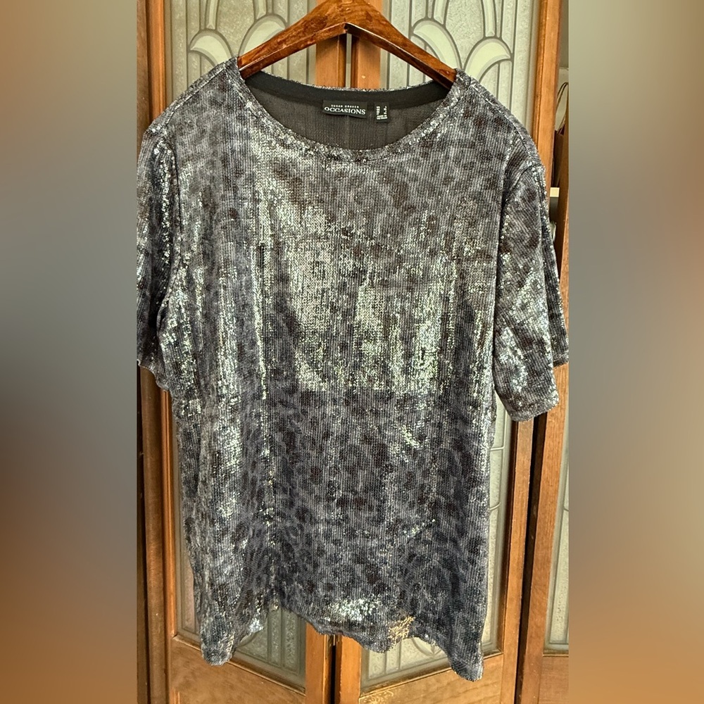 Susan Graver Occasions Printed
Sequin Short-Sleeve Top 
Color:Dark Smoke